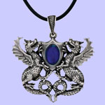 Double Dragons Pendant Costume Jewelry w/ Blue Gem