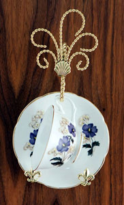 Twisted Wire Cup & Saucer Hanger - Twisted Gold Toned or Silver Wall Mountable Cup and Saucer Hanger, Shell and Fleur de Lis