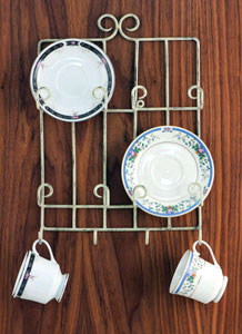 White or Black Wrought Iron Cup & Saucer Hangers - White Wrought Iron Wall Mounted 4 Cup and 4 Saucer Display Hanger